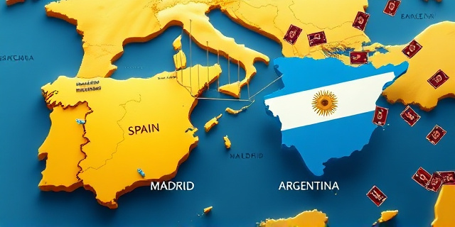 Una ilustración conceptual y satírica que muestra un mapa de España donde la ciudad de Madrid y Barcelona están presentes, pero hay un puente gigante y dorado que conecta la península con un mapa de Argentina, el cual tiene el tamaño de una gran ciudad española. Estilo editorial de revista, colores contrastados, con sellos de pasaportes volando alrededor.