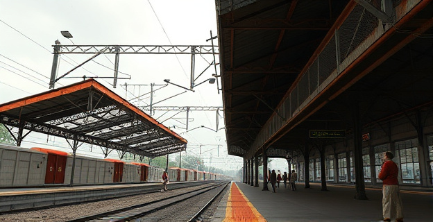 Una marquesina de estación de tren deteriorada y con óxido cayendo debido al viento, con gente esperando en el andén al fondo