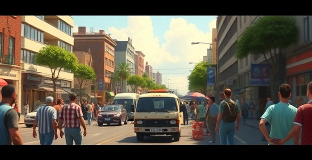 Una escena urbana caótica con un vehículo detenido en medio de una calle concurrida, rodeado de personas heridas o auxiliando a los afectados, bajo un cielo veraniego. La atmósfera es tensa y de preocupación.