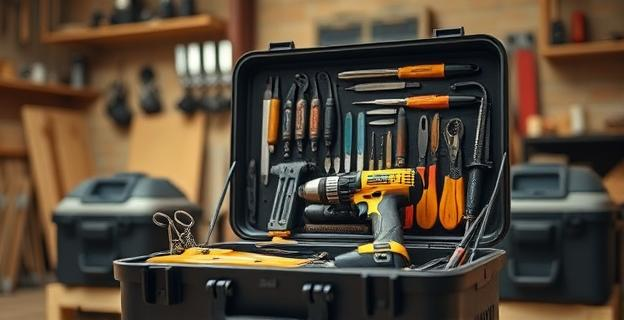 Una caja de herramientas abierta con herramientas de bricolaje ordenadas, un taladro y un maletín compacto en un taller iluminado