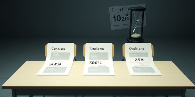 
  Una mesa de examen vacía con tres sillas, cada una etiquetada con los nombres de comunidades autónomas (Canarias, Madrid, Cataluña). Sobre la mesa, tres exámenes de Lengua con bloques de contenido desproporcionados: en Canarias, un bloque gigante (60%) y dos enanos; en Madrid, tres bloques iguales; en Cataluña, un bloque aún más grande (65%). Al fondo, un reloj de arena que se derrama sobre un billete de 10 euros (la nota). Estilo: fotografía documental surrealista, colores fríos y contrastes marcados, con una luz dramática que ilumina solo los bloques desproporcionados. Sin personas, solo objetos que simbolicen la desigualdad.
  