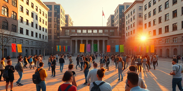 Un campus universitario con estudiantes protestando en la plaza frente a un edificio gubernamental, con pancartas de colores, sombras de edificios modernos, luz de atardecer, sin caras de personas reales ni nombres específicos.