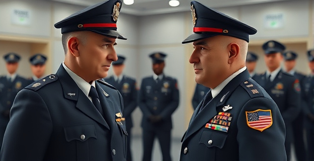 Una escena que muestra a un inspector hablando con el director de la Policía en un acto oficial, con una expresión de gravedad en sus rostros, mientras se ven policías de fondo en un ambiente institucional.