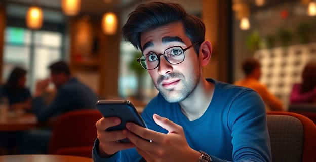 Una persona sentada en un café, con la mirada dividida entre la conversación con alguien al lado y la pantalla de un teléfono móvil iluminada en su mano, con una expresión de atención fragmentada.