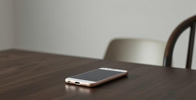 Un teléfono móvil antiguo sin conexión a internet sobre una mesa de madera oscura, con una silla vacía al lado y un fondo neutro que resalta la simplicidad y seguridad del dispositivo.