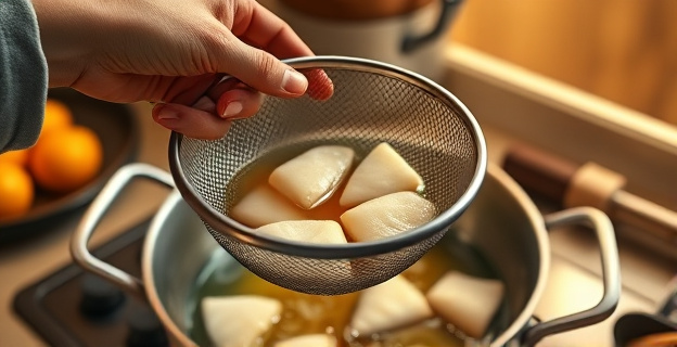 Una mano sosteniendo un colador metálico de malla fina sobre una cazuela con aceite templado y trozos de bacalao, en una cocina iluminada con luz cálida.
