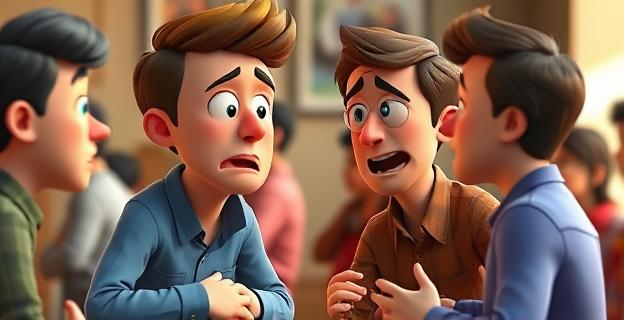 Una persona hablando con otra que interrumpe constantemente en una conversación, mostrando diferentes expresiones faciales que reflejan frustración, impaciencia y entusiasmo. El fondo puede incluir elementos que sugieran diferentes contextos culturales y sociales.