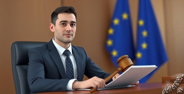 Un hombre en traje y corbata sentado en una mesa con papeles y un martillo de juez al fondo, con una bandera europea detrás.