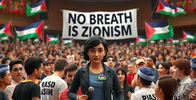 Una multitudinaria plaza de toros con banderas y pancartas políticas. En el centro, una figura femenina con un micrófono y un pin de la bandera de Palestina, rodeada de personas con expresiones de apoyo y protesta. Al fondo, una gran pancarta con el lema 