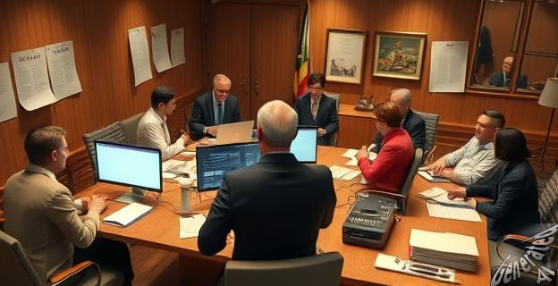 Una imagen de un grupo de personas reunidas en una sala con documentos y computadoras, simbolizando una investigación interna en un partido político.