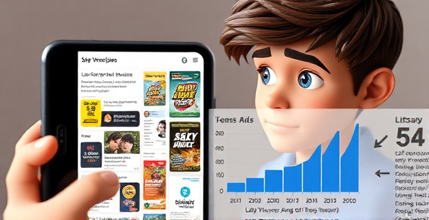 Una pantalla de smartphone mostrando una red social con varios anuncios de servicios financieros de riesgo y apuestas online, con un joven de clase baja en el fondo, mirando la pantalla con una mezcla de fascinación y desconfianza. Al lado, una gráfica que muestra la diferencia en la exposición a anuncios entre jóvenes de diferentes clases sociales.