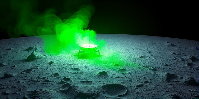 Una ilustración conceptual surrealista que muestra la superficie gris y polvorienta de la luna. En el centro, un aterrizador espacial moderno emitiendo una nube de gas verde neón brillante que actúa como un borrador, eliminando fragmentos de cristales de hielo antiguos que contienen hélices de ADN brillantes y fósiles estelares. Estilo artístico digital, contrastes fuertes entre la oscuridad del espacio y la luminosidad del gas contaminante.