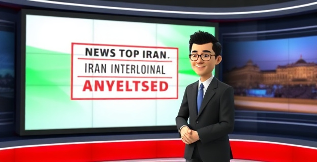 Una presentadora de televisión en un plató serio, con una pantalla detrás mostrando un rótulo controvertido sobre Irán y política internacional