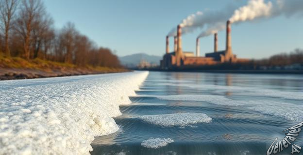 Imagen de un río con espuma en su cauce y una fábrica industrial al fondo emitiendo humo y vertidos