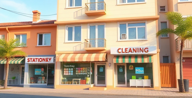 Una vivienda okupada con una papelería y una empresa de limpieza en la planta baja, con una fachada que muestra actividad comercial