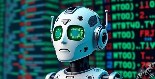 Ilustración de un robot chino con un chip de computadora en su cerebro, rodeado de códigos de programación