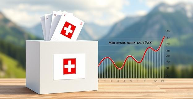 Una urna de votación con papeletas suizas y un gráfico mostrando la tendencia descendente en la votación del referéndum sobre el impuesto a las herencias millonarias, con un fondo que muestra paisajes naturales de Suiza.
