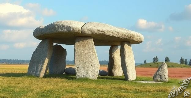 Un dolmen antiguo con una estructura de piedra grande y compleja en un paisaje rural.