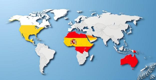 Imagen de un mapa mundi con EEUU y España resaltados, rodeados de banderas de China y Venezuela.