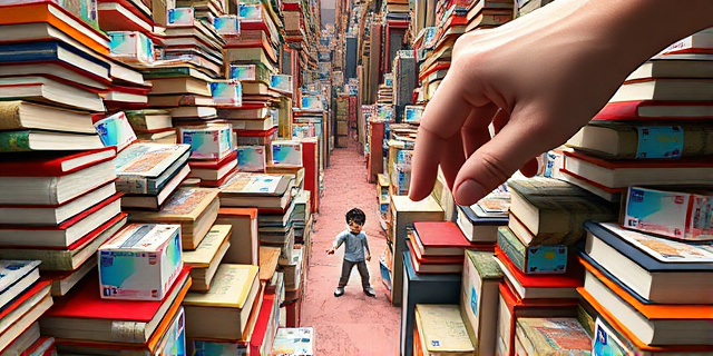 Una imagen surrealista de un laberinto hecho con libros, billetes de euro y pantallas de videojuegos, con una pequeña figura de un joven intentando encontrar la salida, mientras una mano gigante (representando el gobierno) intenta desviar el camino.