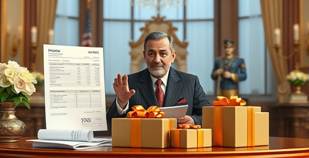 Una imagen que represente un derroche de dinero público con elementos como facturas, regalos lujosos y un alcalde o alcaldesa en un entorno de lujo, pero sin mostrar caras reconocibles.