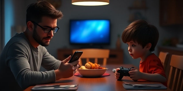 Una cocina oscura con una mesa de comedor. Un padre mira su teléfono móvil mientras la luz de la pantalla crea sombras sobre el rostro del hijo que sostiene un controlador de videojuegos. En el fondo, una televisión con un pequeño brillo de luz azul. La escena transmite una sensación de desconexión familiar y la presencia dominante de la tecnología.