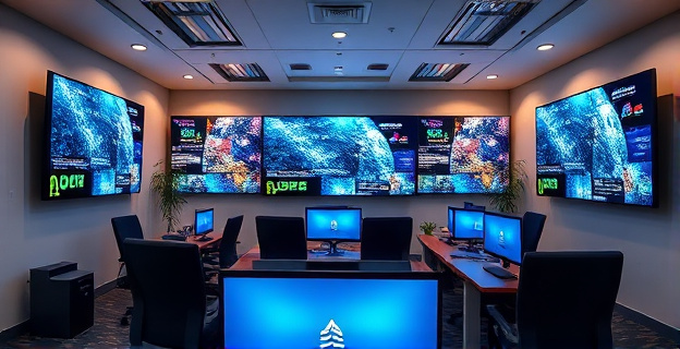 Sala con múltiples pantallas digitales informativas de 55 pulgadas en oficinas corporativas