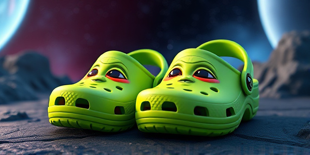 Ilustración digital de un par de Crocs verdes con la cara de un bebé alienígena estilizado. Fondo abstracto que evoca el espacio exterior con sutiles referencias a la saga Star Wars. Estilo pictórico moderno y vibrante, con toques de neón y texturas que simulan caucho y metal. Iluminación suave y difusa que resalta la expresión del bebé alienígena.