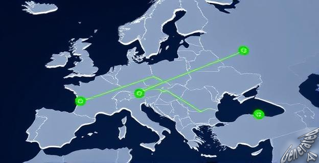 Ilustración de un mapa de Europa con líneas de tren de alta velocidad conectando las principales capitales, con estaciones modernas y sostenibles