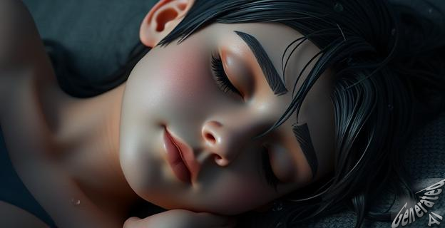 Una persona durmiendo con el pelo mojado, con una expresión de sueño profundo, rodeada de gotas de agua que caen de su cabello, con un fondo oscuro y un primer plano de su rostro y cabello.