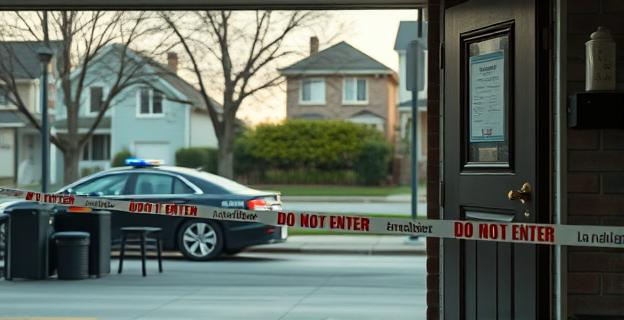 Imagen de un salón de belleza en un barrio residencial con una escena de tensión en el exterior, con un coche de policía al fondo y una cinta de 