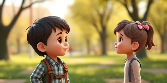 Un niño de tres años hablando con su hermana en un parque