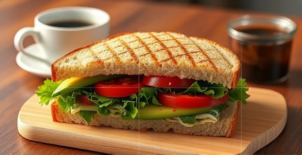Imagen de un bocadillo cortado con relleno visible de lechuga, tomate y aguacate, sobre una mesa de madera con un tazón de café al lado