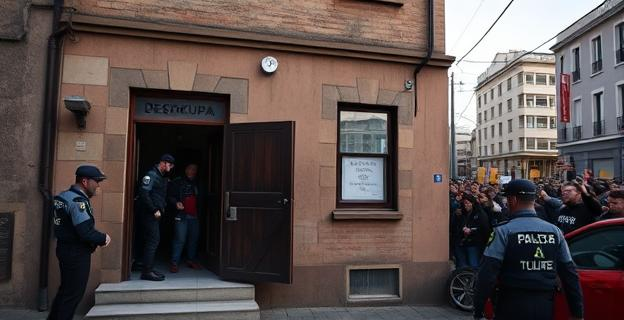 Imagen de una casa en Bilbao con okupas en la puerta, con una empresa de desokupa y policías autonómicos vascos en el exterior, con una multitud de personas manifestándose en contra del desalojo