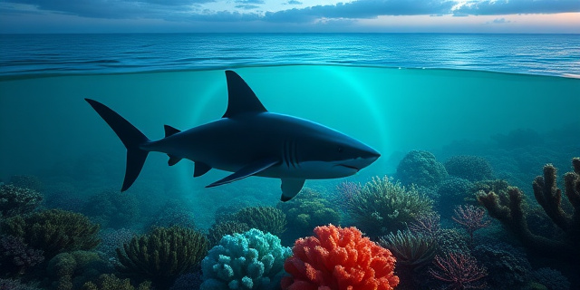 Un tiburón negro nadando en aguas turquesas con un halo luminoso que simboliza contaminantes invisibles, rodeado de algas y corales, con un fondo de cielo crepuscular que enfatiza la mezcla de belleza natural y amenaza química.