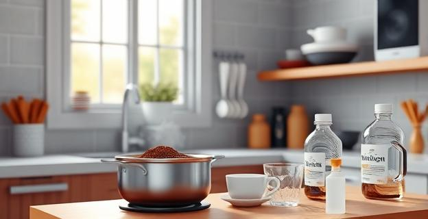 Cocina con extractor encendido y ventana abierta, olla hirviendo con canela y clavo, taza con posos de café en la encimera, frasco con vinagre blanco y un vaso con producto limpiador en una mesa