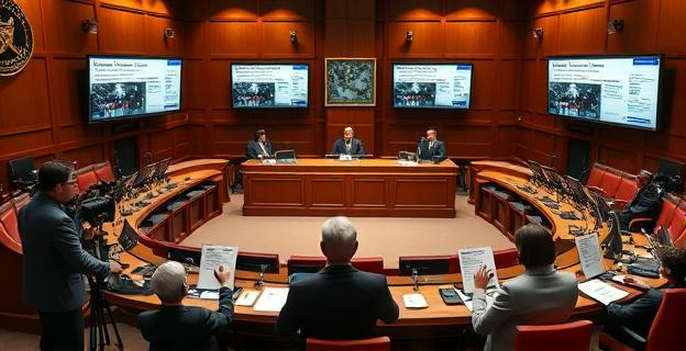 Sala de un tribunal con periodistas y jueces, con documentos y pantallas mostrando noticias y notas de prensa