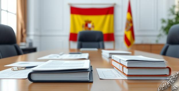 Una imagen de un despacho de gobierno con papeles y expedientes judiciales sobre una mesa, con una bandera de España al fondo.