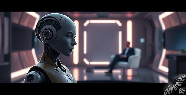 Una pantalla de cine mostrando la película Ex-Machina con un androide femenino en primer plano y un hombre sentado en una silla en el fondo de una habitación futurista