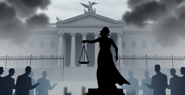 Una representación abstracta de la justicia, con una balanza desequilibrada, rodeada de sombras y siluetas que evocan tensión y conflicto. Un edificio judicial estilizado al fondo, con una fuerte presencia de barreras y elementos de seguridad. La atmósfera es sombría y cargada de emociones contenidas.