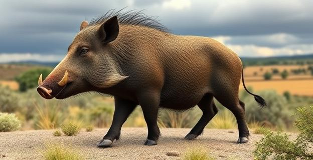 Imagen de un jabalí en un entorno natural, con un fondo que muestra un paisaje rural español y un cielo nublado, simbolizando la sobrepoblación y el riesgo sanitario