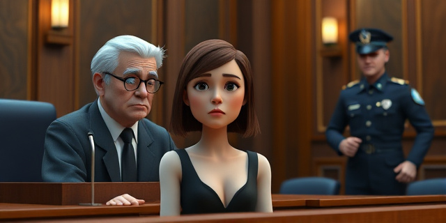 Un juez sentado en un estrado, con una mujer frente a él, con una expresión de tristeza y miedo, mientras un hombre con un uniforme de policía se defiende en el fondo de la sala