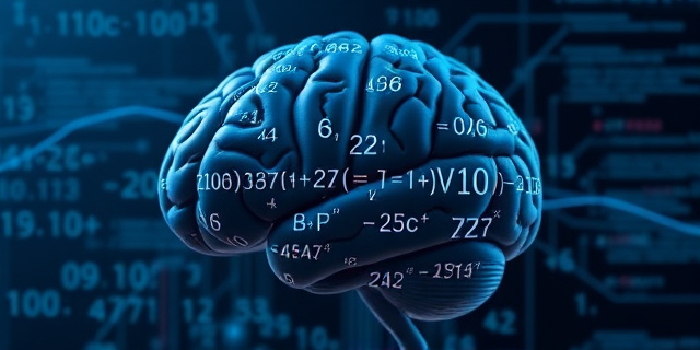Representación abstracta de un cerebro humano hecho de ecuaciones matemáticas complejas, con líneas de código fluyendo a través de él. Colores fríos y futuristas, estilo minimalista.