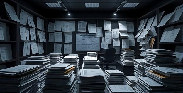 Imagen de una sala llena de documentos y expedientes relacionados con rescates financieros, con un fondo oscuro y luces tenues que resaltan la seriedad del tema.
