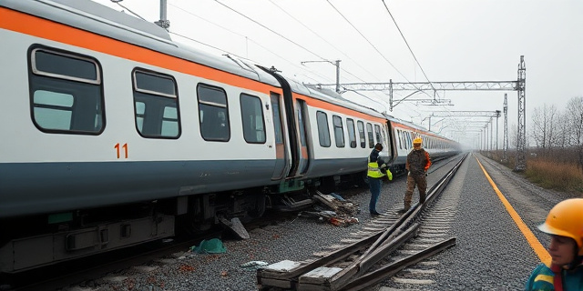 Una imagen de un tren descarrilado en una vía de alta velocidad, con restos de escombros y personas rescatando a los heridos