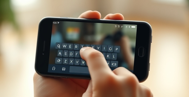 Una mano sosteniendo un móvil con una pantalla que muestra un teclado y un dedo índice escribiendo lentamente, con un fondo borroso que sugiere reflexión y calma.