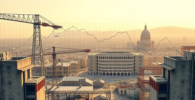 Una imagen que represente la decadencia y el abandono de infraestructuras en España, con un fondo de gráficos económicos en declive y una silueta de una ciudad española al fondo.