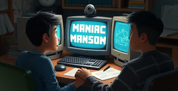 Una imagen que muestra a una persona sentada frente a un ordenador antiguo con el juego Maniac Mansion en la pantalla, rodeada de papeles y lápices, con una expresión de concentración y frustración. En el fondo, una cámara web y un micrófono vigilan al jugador.