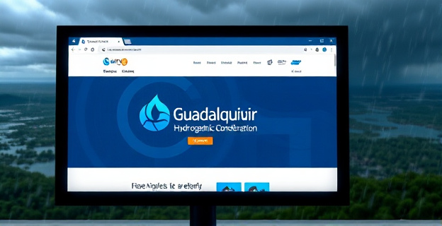 Una pantalla de ordenador mostrando una página web caída con el logo de la Confederación Hidrográfica del Guadalquivir, mientras al fondo se ve una tormenta con fuertes lluvias y vientos azotando un paisaje de ríos y embalses.