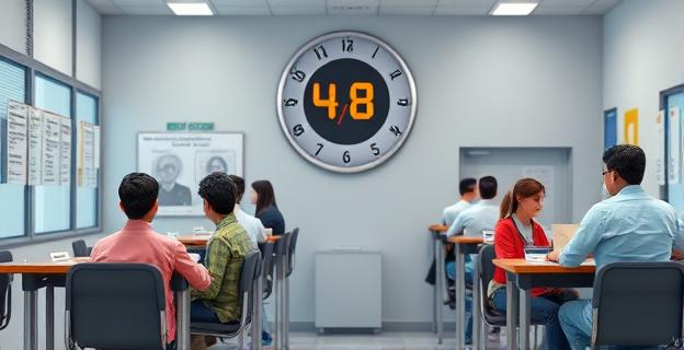 Imagen de un centro de inmigración con personal realizando pruebas de edad a menores, con un reloj indicando 48 horas en el fondo